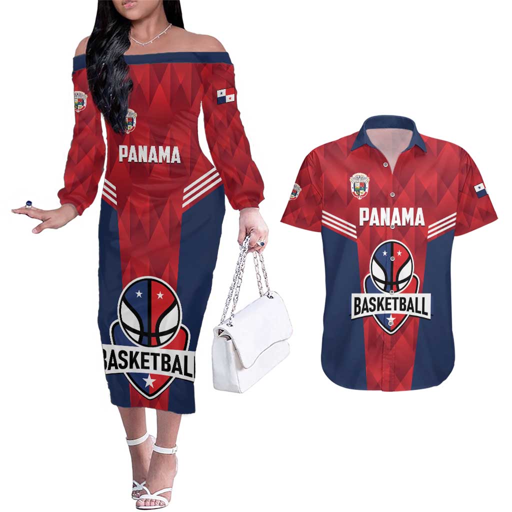 Panama Basketball Custom Couples Matching Off The Shoulder Long Sleeve Dress and Hawaiian Shirt Panama Go Champion