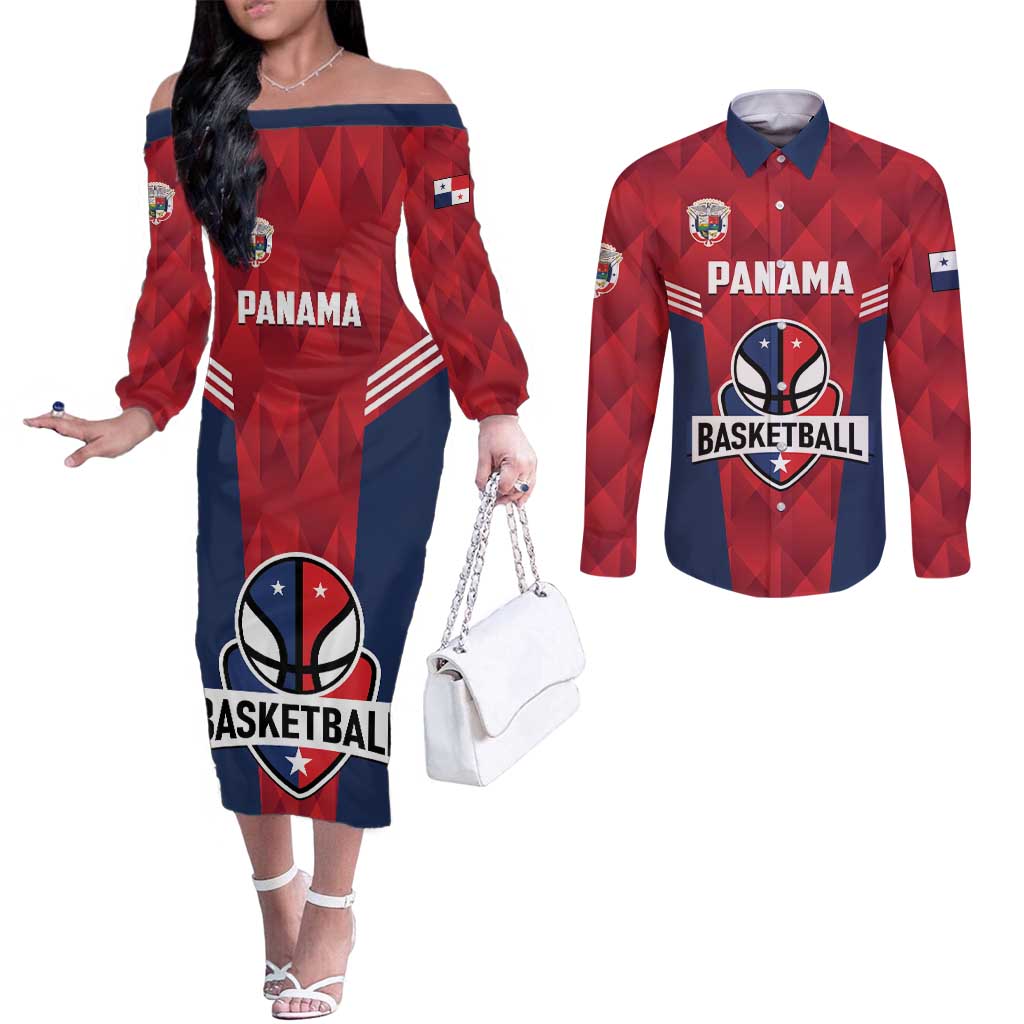 Panama Basketball Custom Couples Matching Off The Shoulder Long Sleeve Dress and Long Sleeve Button Shirt Panama Go Champion