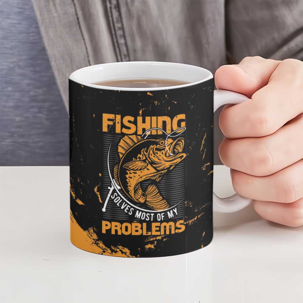 Fishing Solves Most of My Problems Ceramic Mug Grunge Style