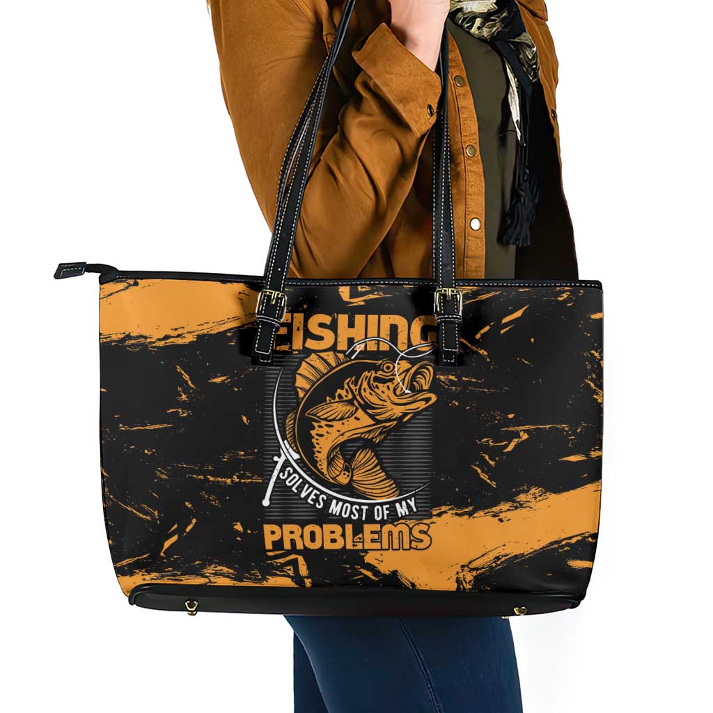 Fishing Solves Most of My Problems Leather Tote Bag Grunge Style