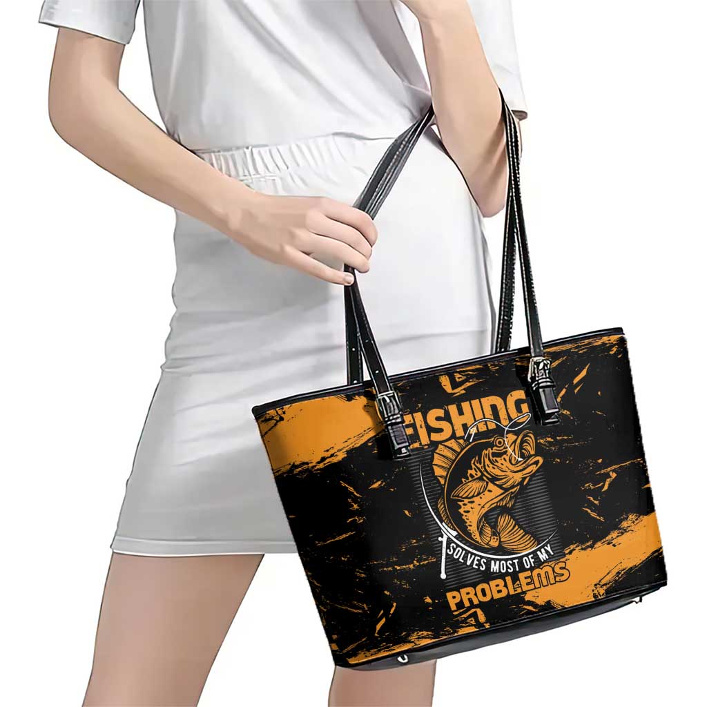 Fishing Solves Most of My Problems Leather Tote Bag Grunge Style