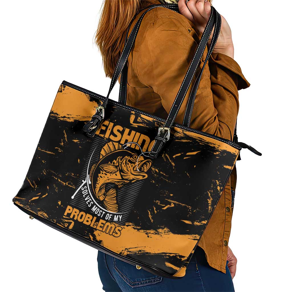Fishing Solves Most of My Problems Leather Tote Bag Grunge Style