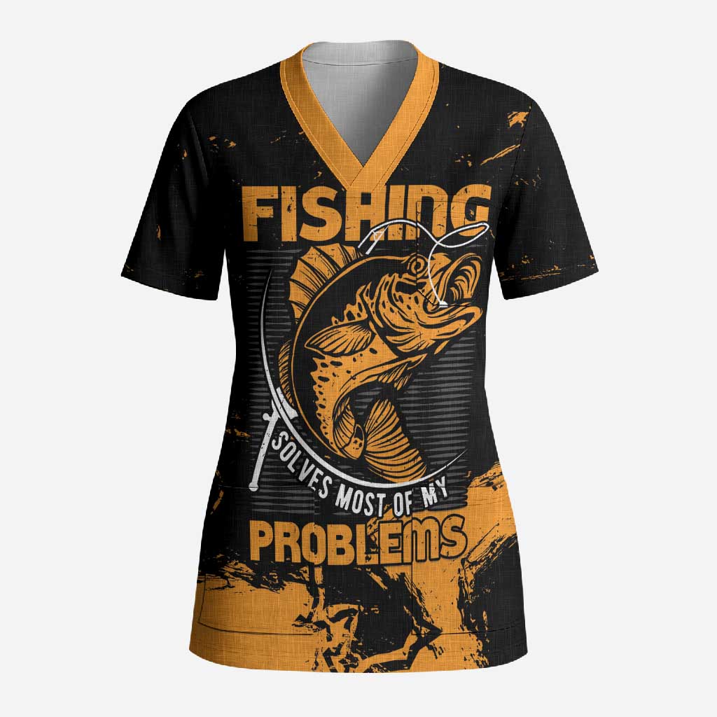 Personalized Fishing Solves Most of My Problems Scrub Top Grunge Style