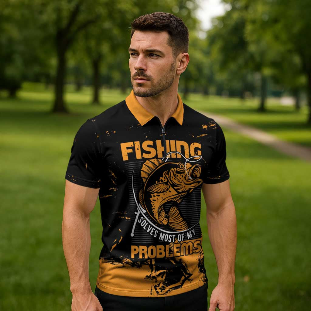 Personalized Fishing Solves Most of My Problems Zipper Polo Shirt Grunge Style