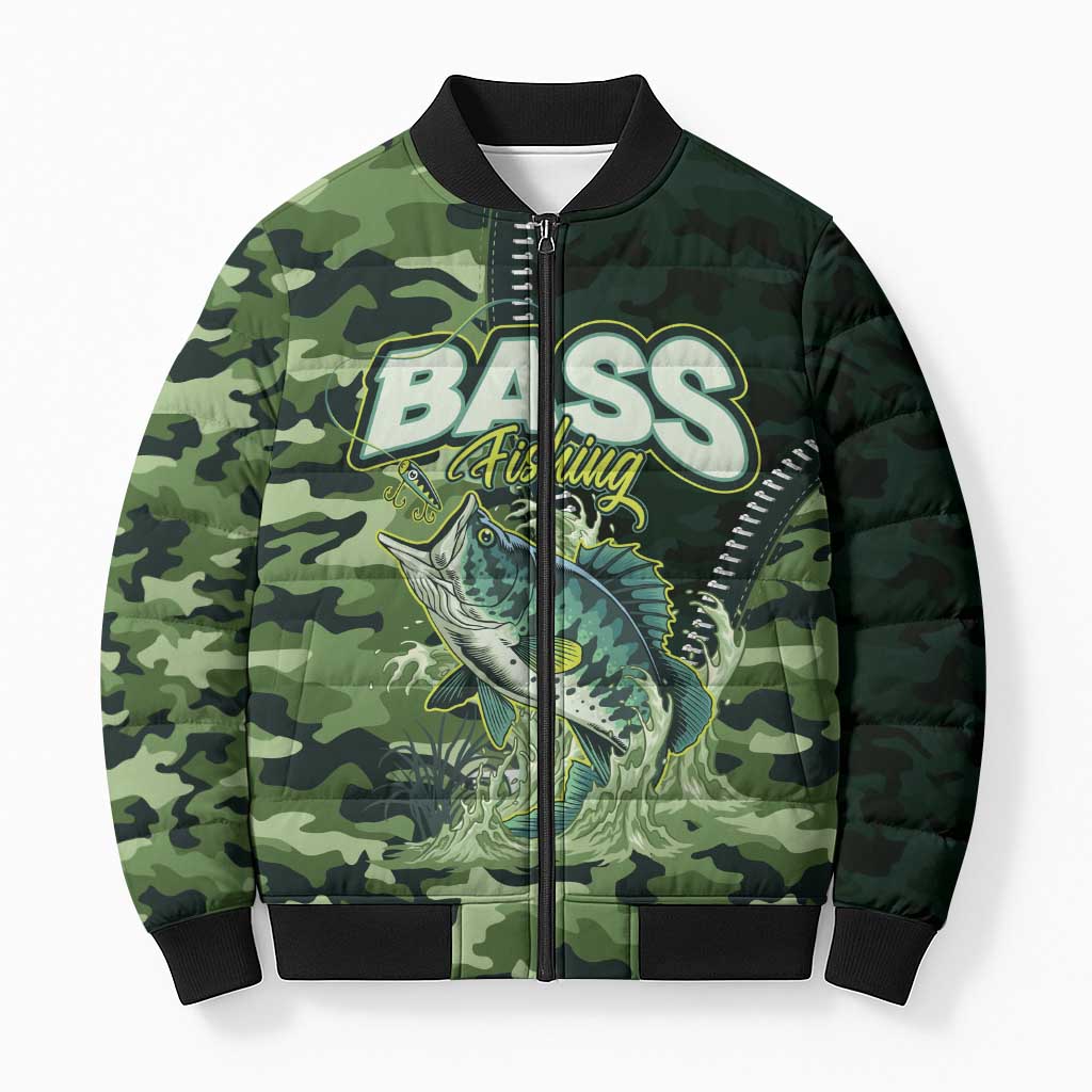 Personalized Bass Fishing Camouflage Bomber Puffer Jacket Zipper Stylized