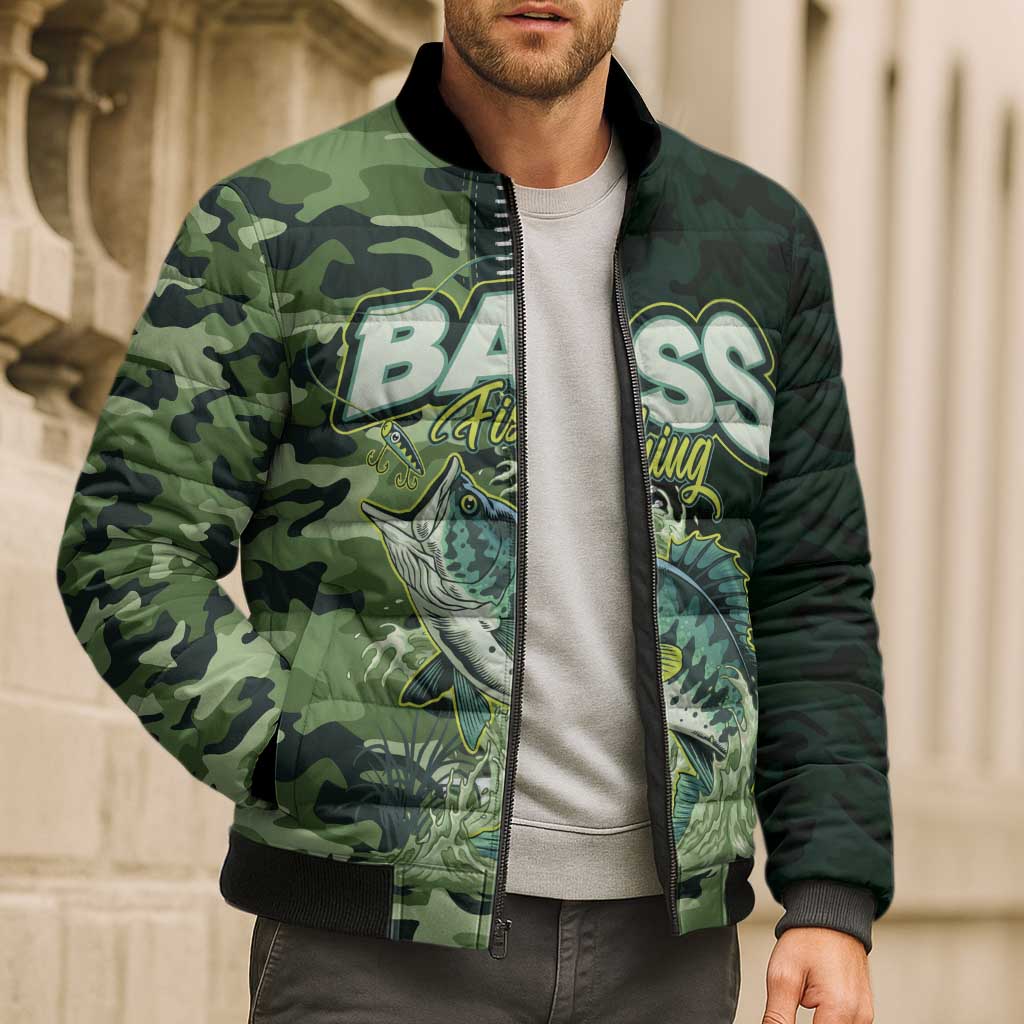 Personalized Bass Fishing Camouflage Bomber Puffer Jacket Zipper Stylized
