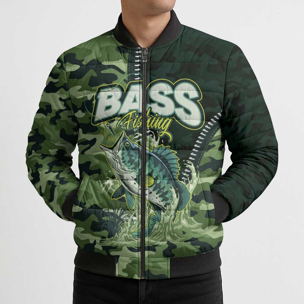 Personalized Bass Fishing Camouflage Bomber Puffer Jacket Zipper Stylized