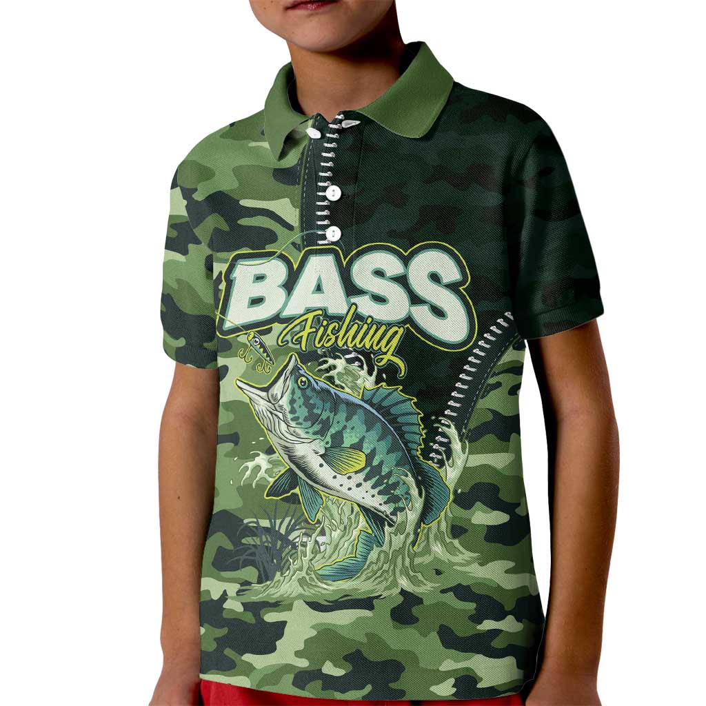 Personalized Bass Fishing Camouflage Kid Polo Shirt Zipper Stylized