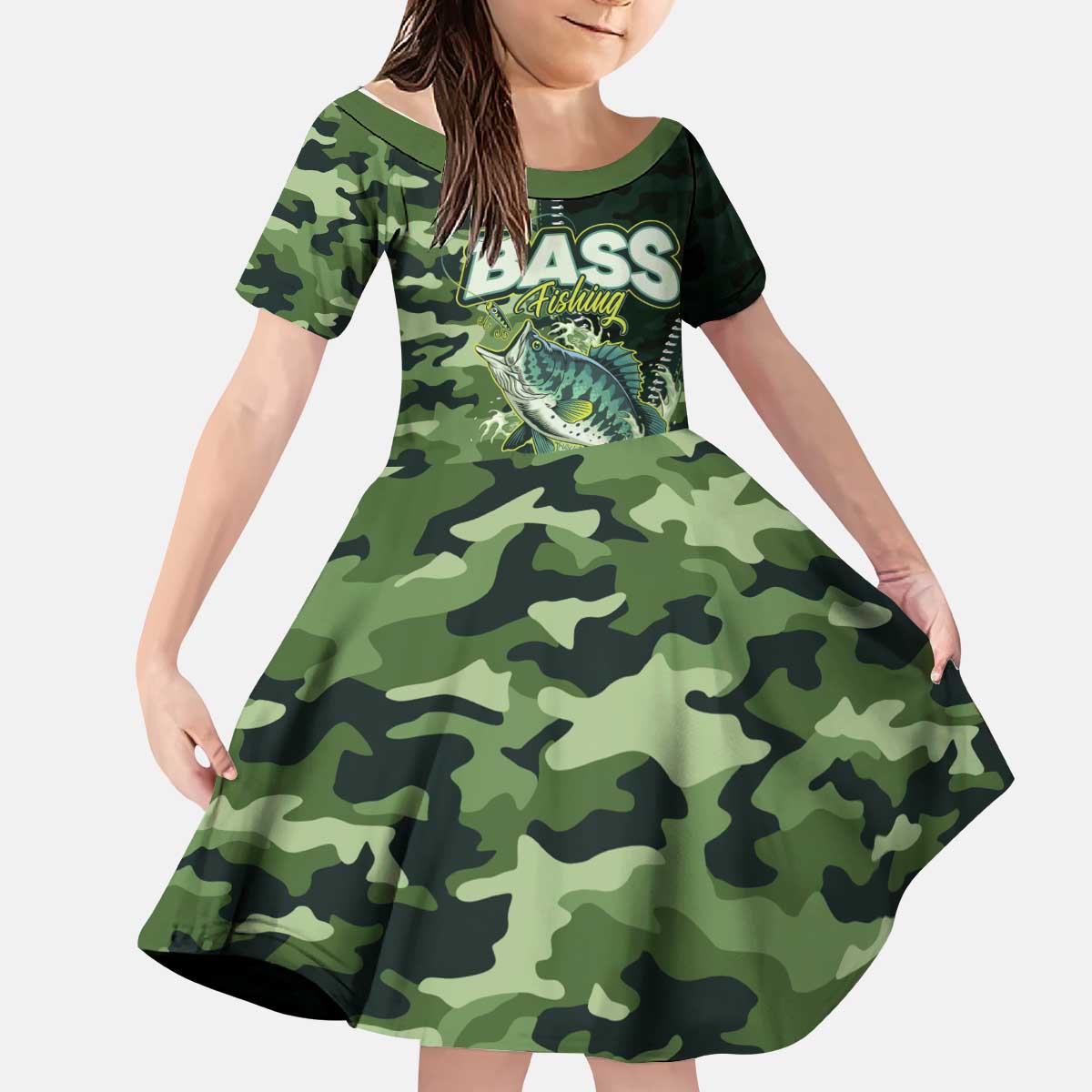 Personalized Bass Fishing Camouflage Kid Short Sleeve Dress Zipper Stylized