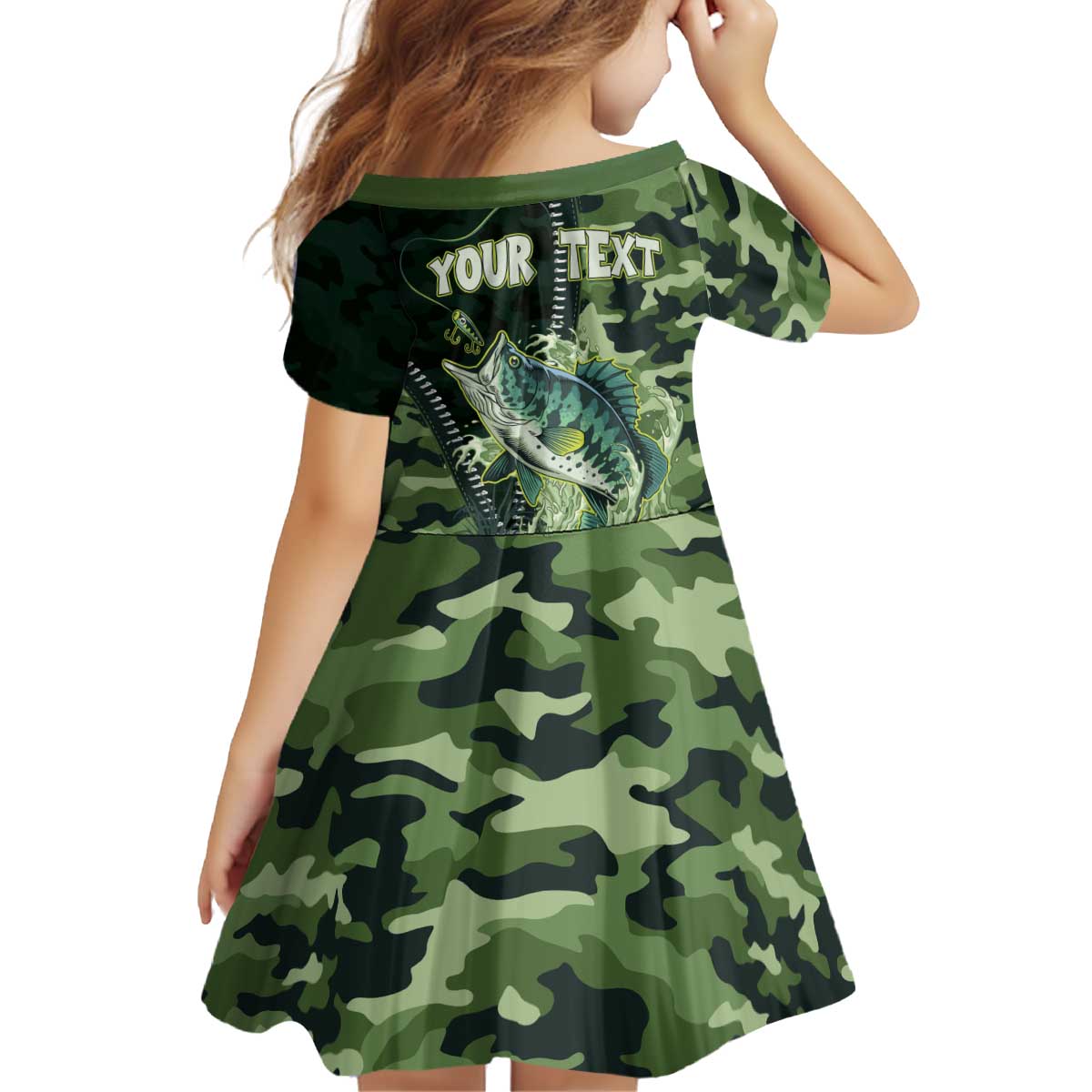 Personalized Bass Fishing Camouflage Kid Short Sleeve Dress Zipper Stylized