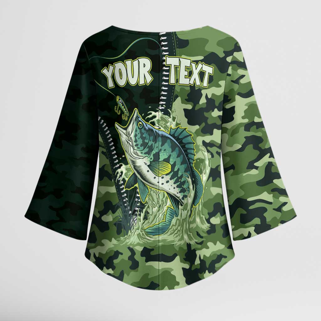 Personalized Bass Fishing Camouflage Kimono Sleeve Blouse Zipper Stylized