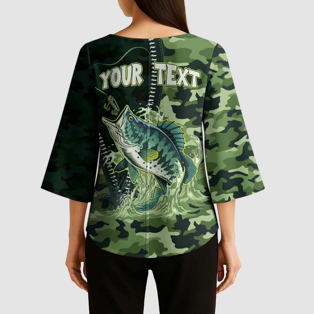 Personalized Bass Fishing Camouflage Kimono Sleeve Blouse Zipper Stylized
