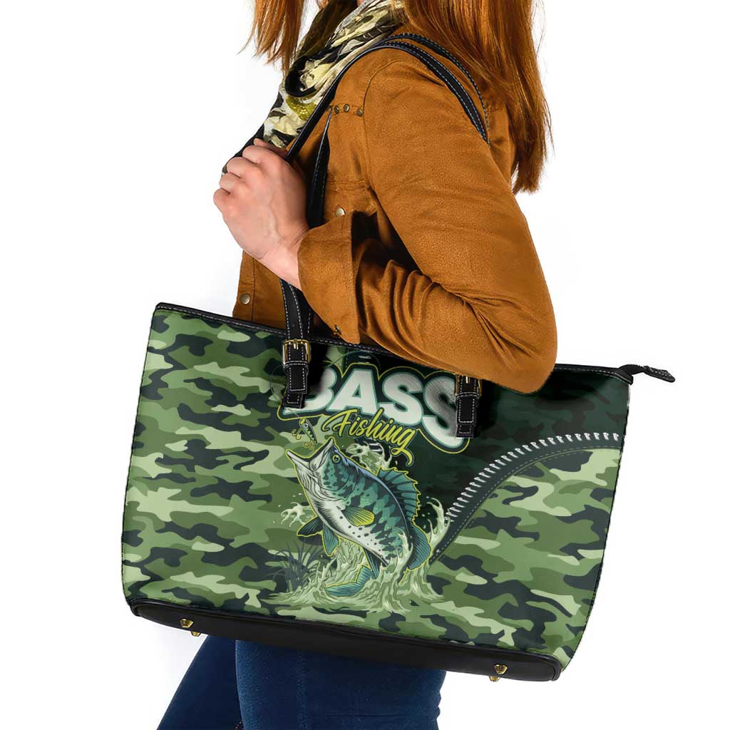 Bass Fishing Camouflage Leather Tote Bag Zipper Stylized