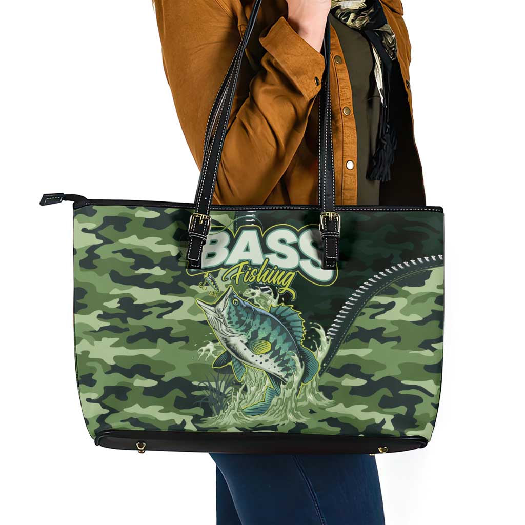 Bass Fishing Camouflage Leather Tote Bag Zipper Stylized
