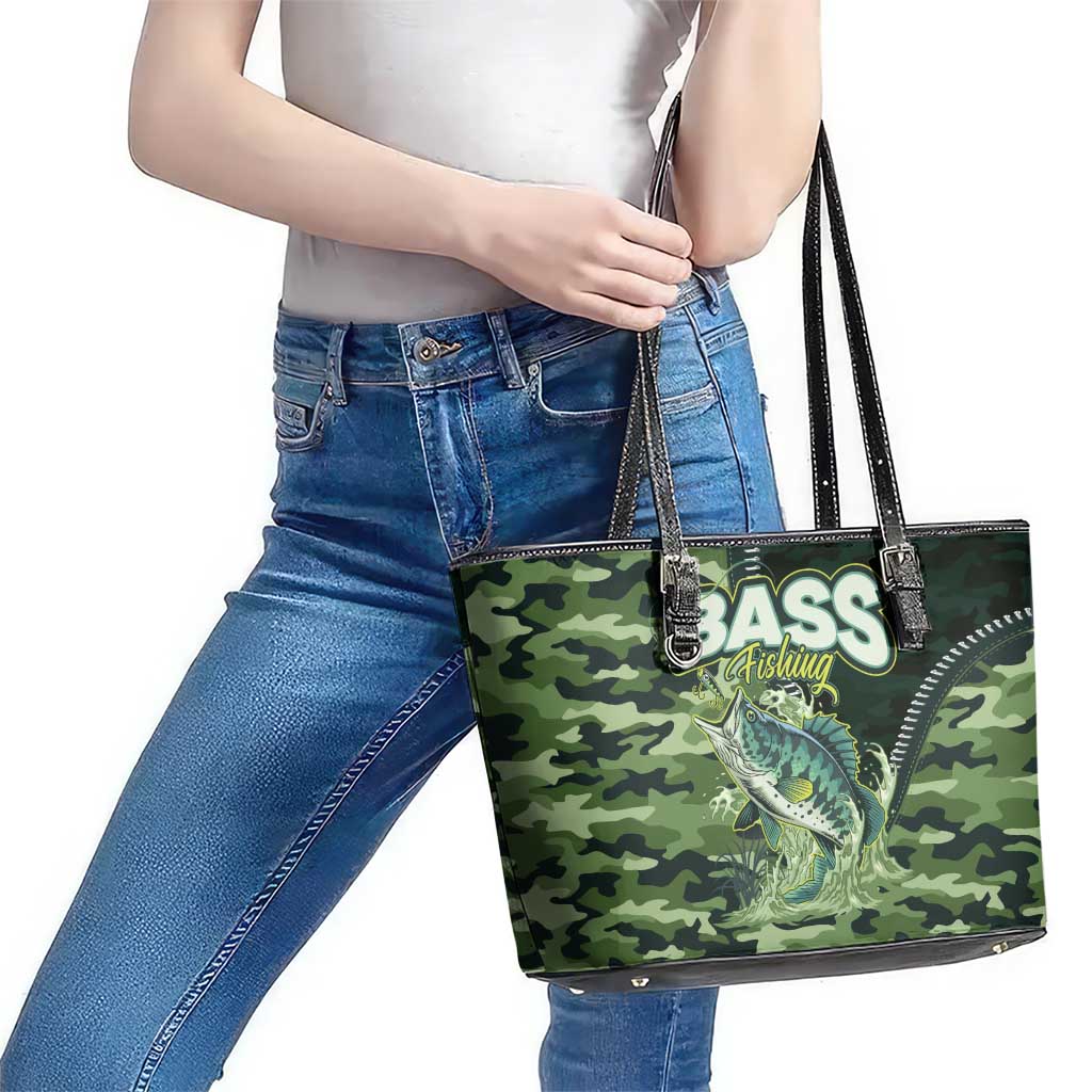 Bass Fishing Camouflage Leather Tote Bag Zipper Stylized