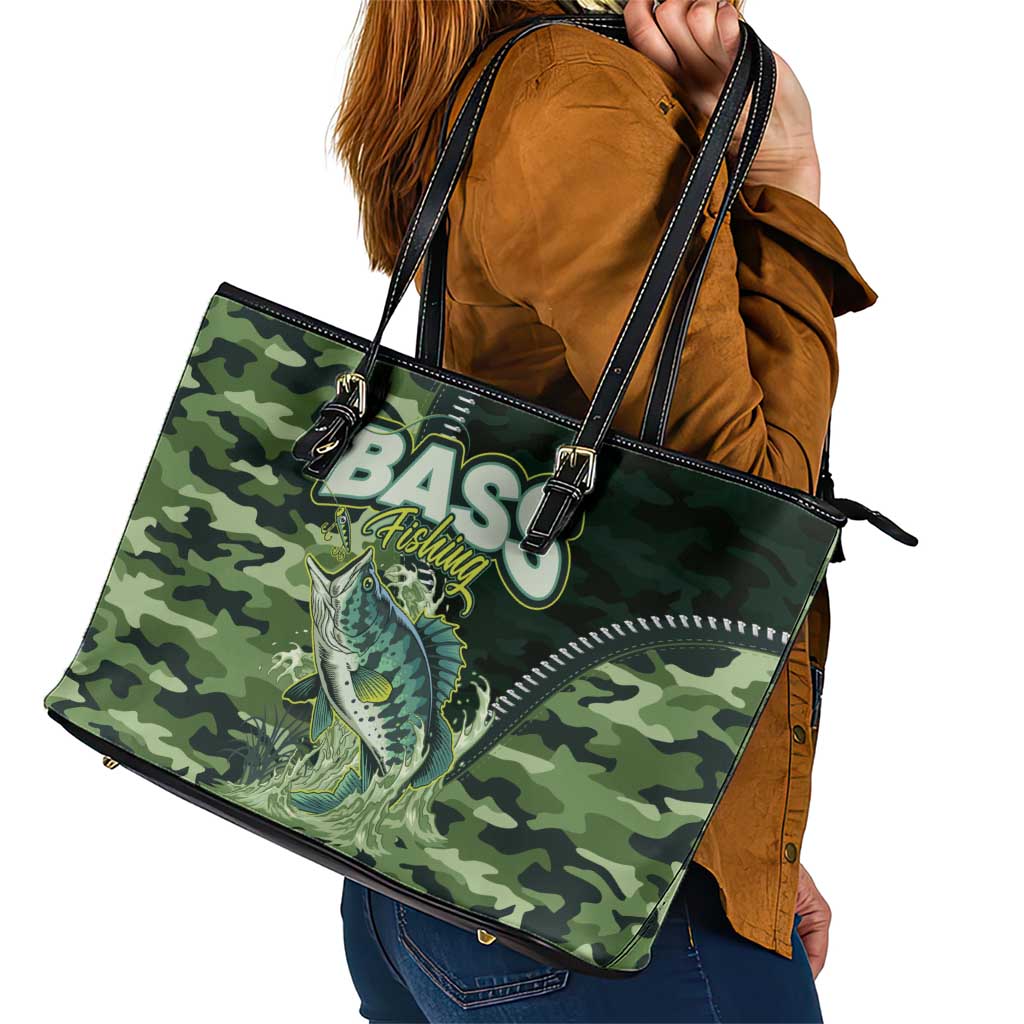 Bass Fishing Camouflage Leather Tote Bag Zipper Stylized