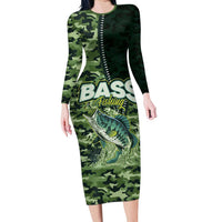 Personalized Bass Fishing Camouflage Long Sleeve Bodycon Dress Zipper Stylized