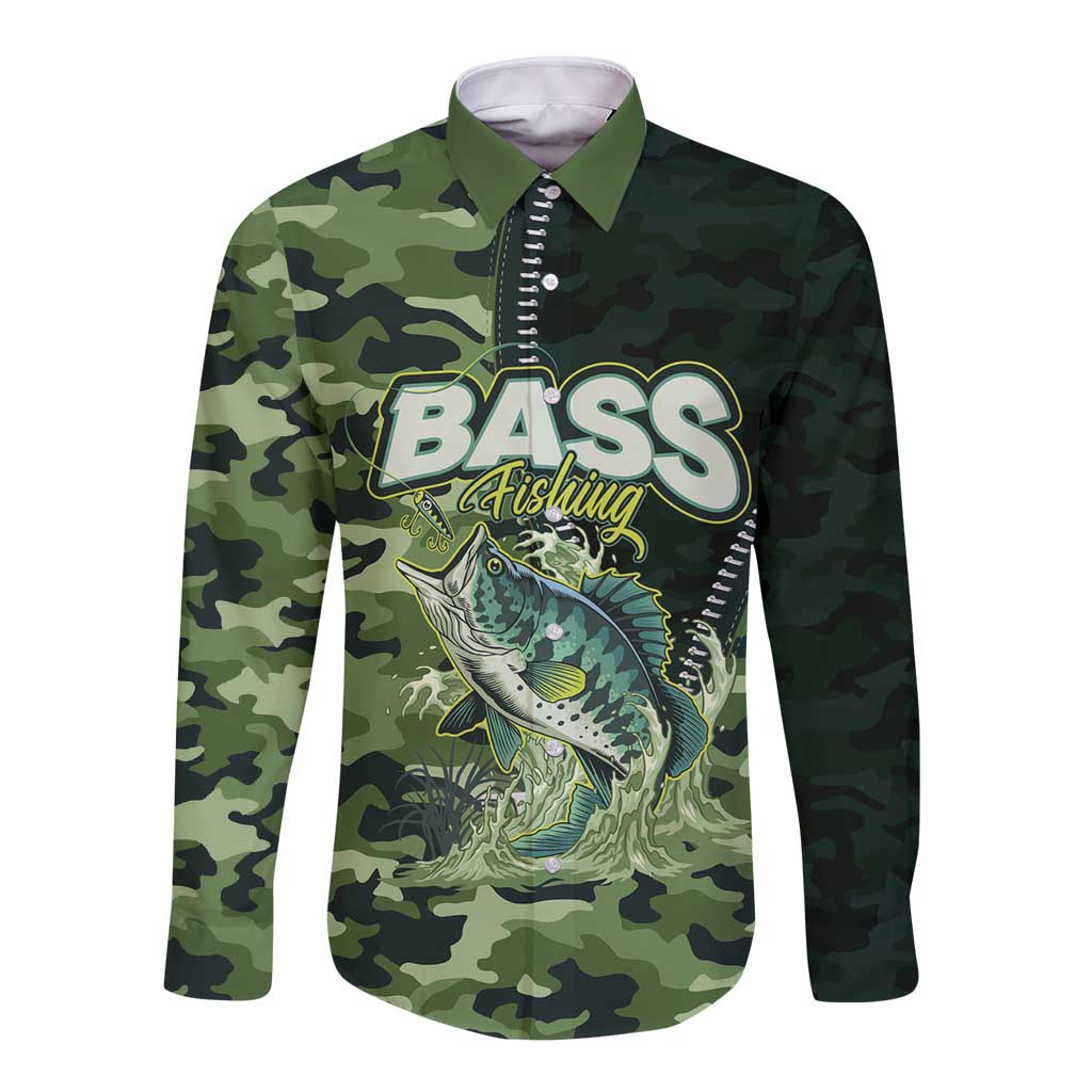 Personalized Bass Fishing Camouflage Long Sleeve Button Shirt Zipper Stylized