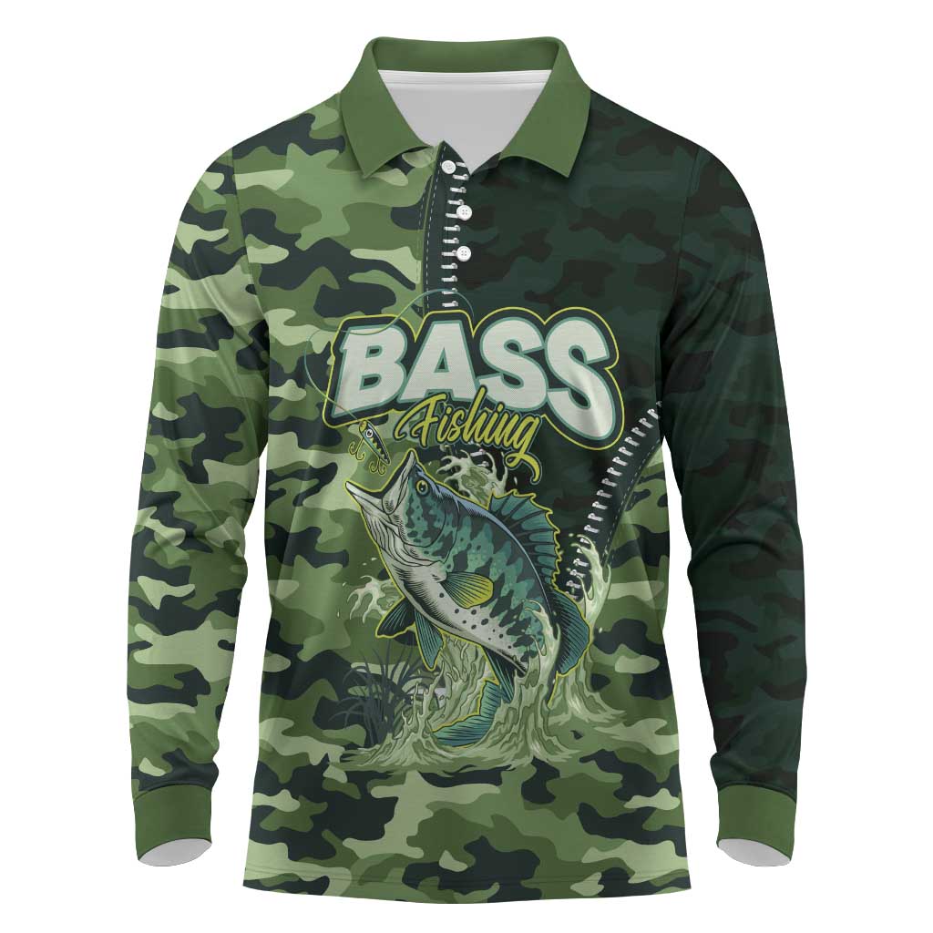 Personalized Bass Fishing Camouflage Long Sleeve Polo Shirt Zipper Stylized