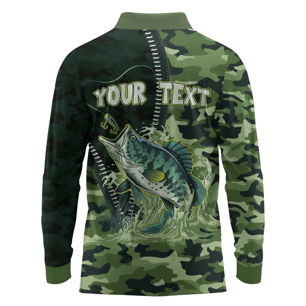 Personalized Bass Fishing Camouflage Long Sleeve Polo Shirt Zipper Stylized