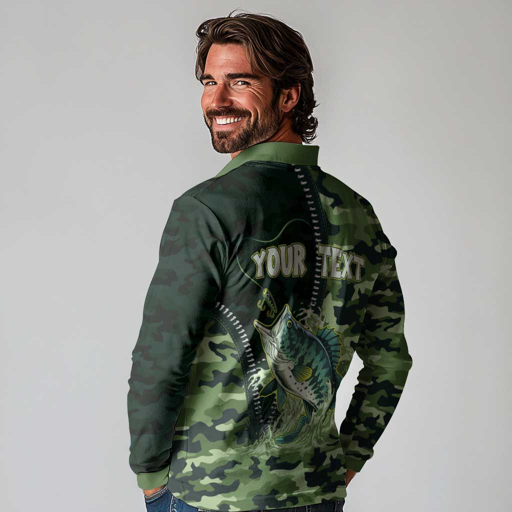 Personalized Bass Fishing Camouflage Long Sleeve Polo Shirt Zipper Stylized