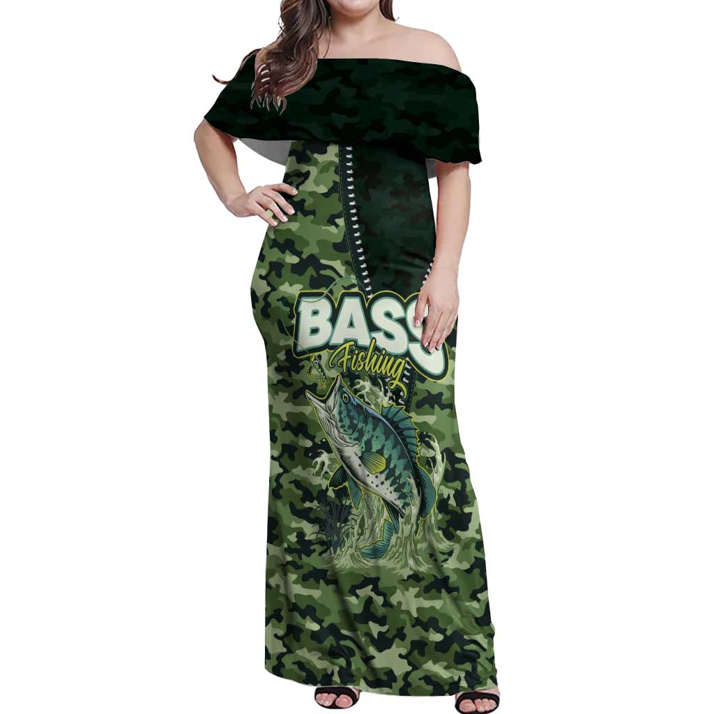 Personalized Bass Fishing Camouflage Off Shoulder Maxi Dress Zipper Stylized