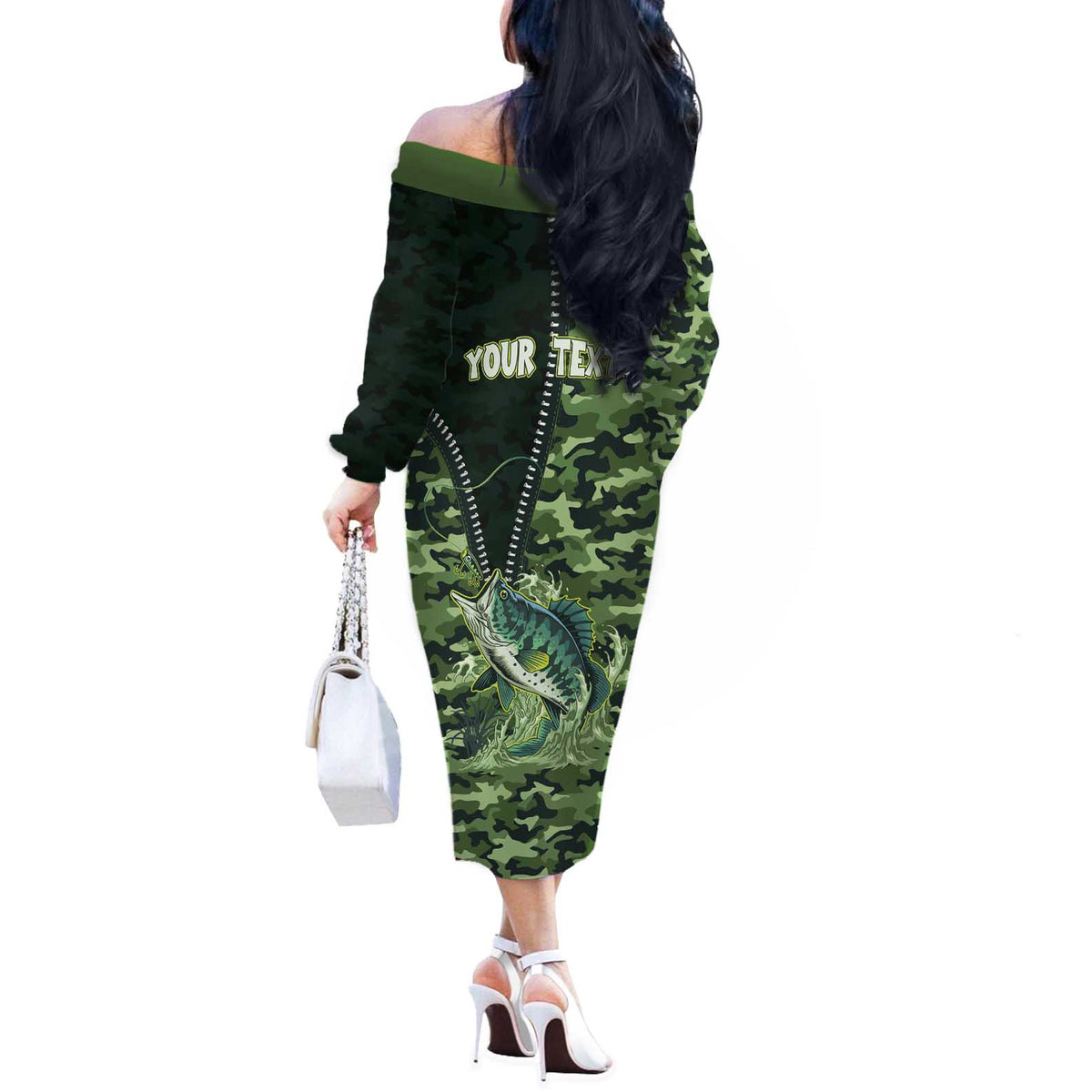 Personalized Bass Fishing Camouflage Off The Shoulder Long Sleeve Dress Zipper Stylized