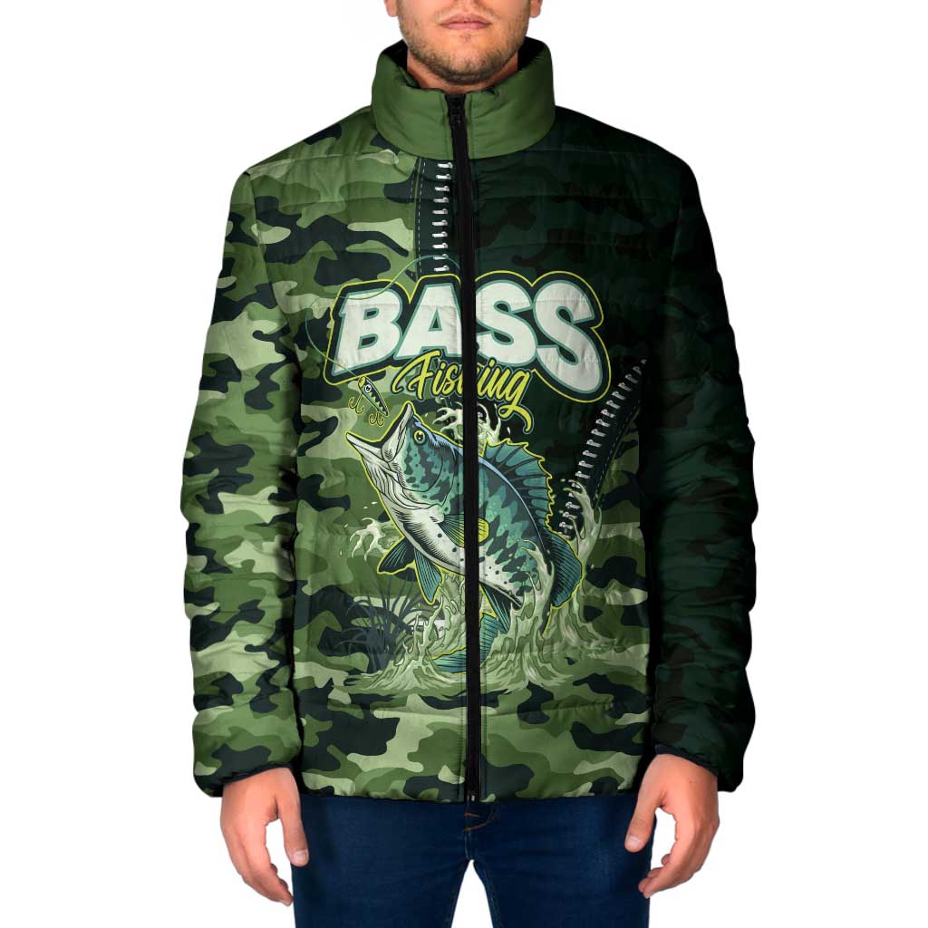 Personalized Bass Fishing Camouflage Padded Jacket Zipper Stylized