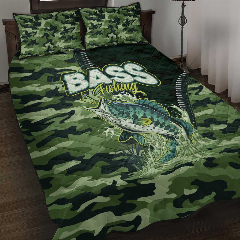 Bass Fishing Camouflage Quilt Bed Set Zipper Stylized