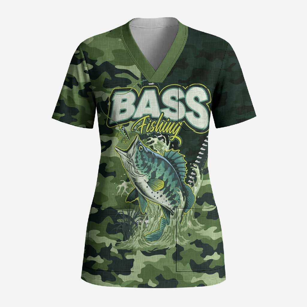 Personalized Bass Fishing Camouflage Scrub Top Zipper Stylized