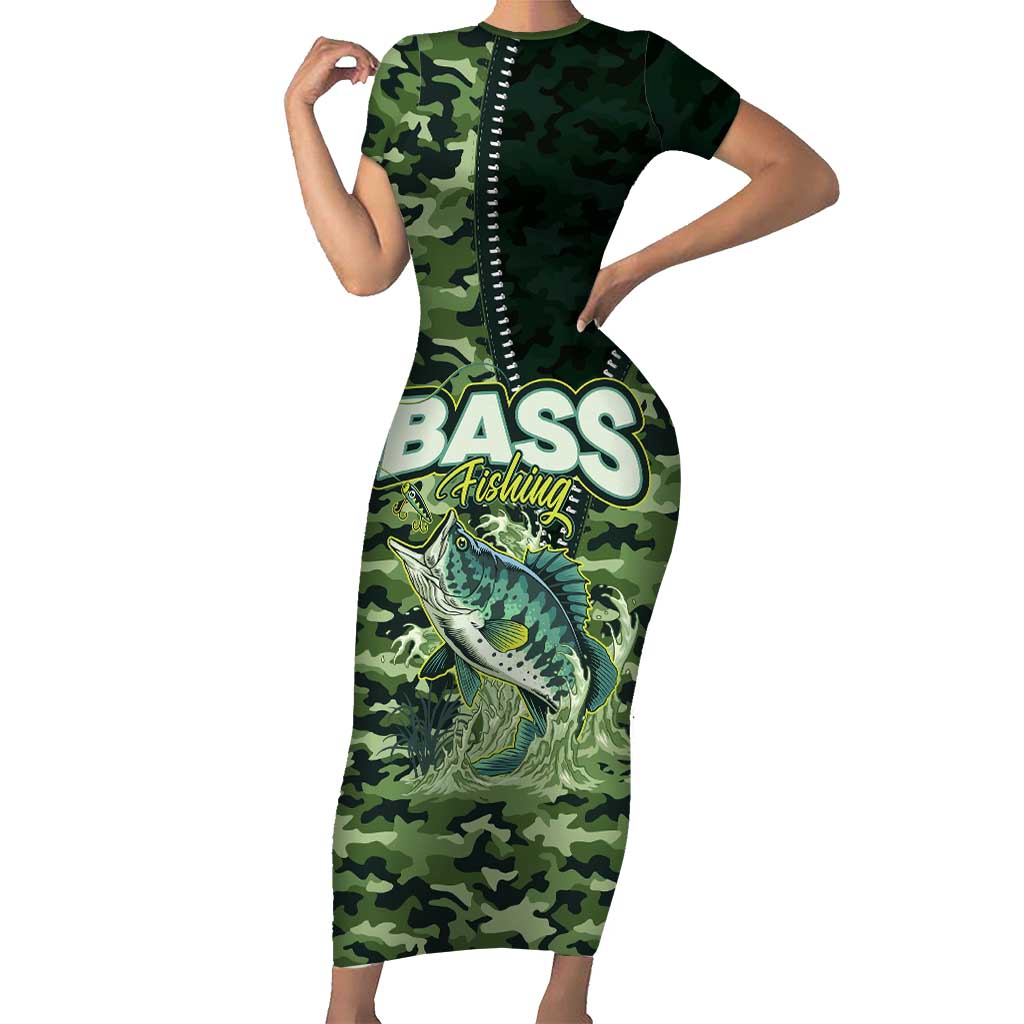Personalized Bass Fishing Camouflage Short Sleeve Bodycon Dress Zipper Stylized
