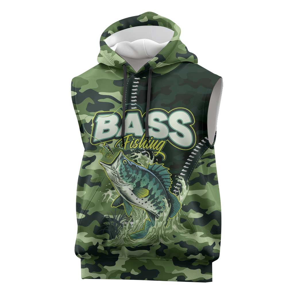 Personalized Bass Fishing Camouflage Sleeveless Hoodie Zipper Stylized