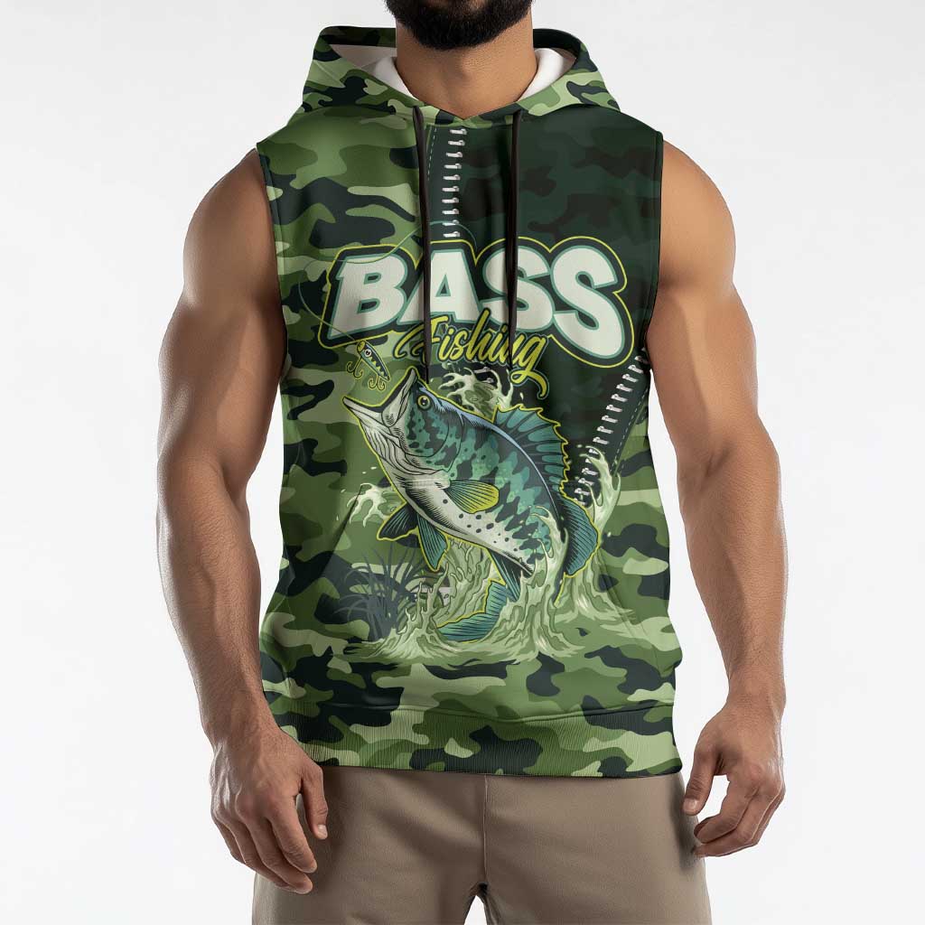 Personalized Bass Fishing Camouflage Sleeveless Hoodie Zipper Stylized