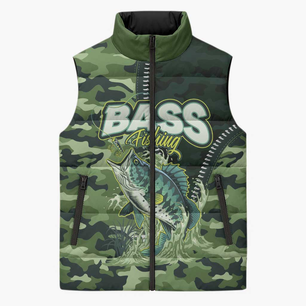 Personalized Bass Fishing Camouflage Sleeveless Puffer Jacket Zipper Stylized