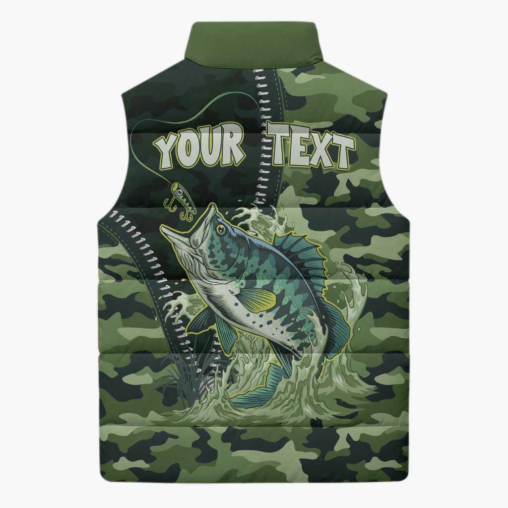 Personalized Bass Fishing Camouflage Sleeveless Puffer Jacket Zipper Stylized