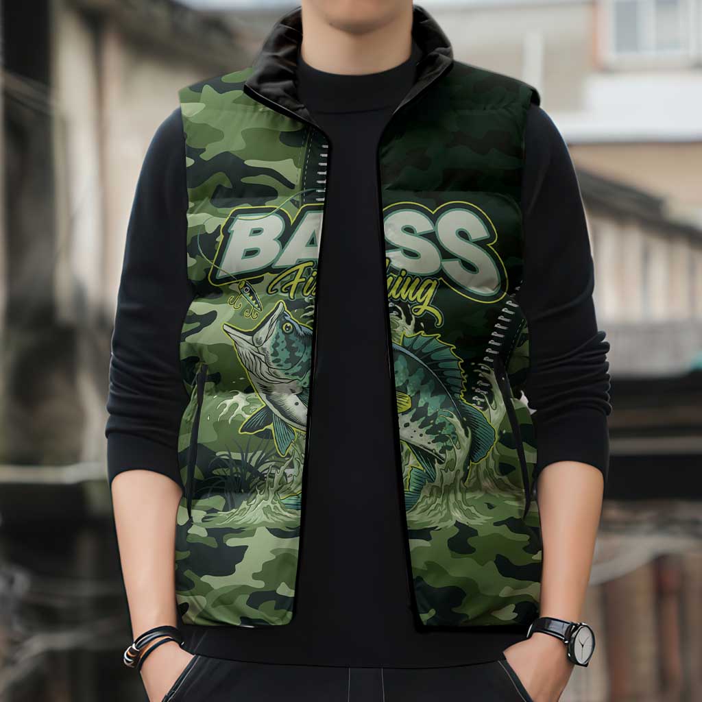 Personalized Bass Fishing Camouflage Sleeveless Puffer Jacket Zipper Stylized