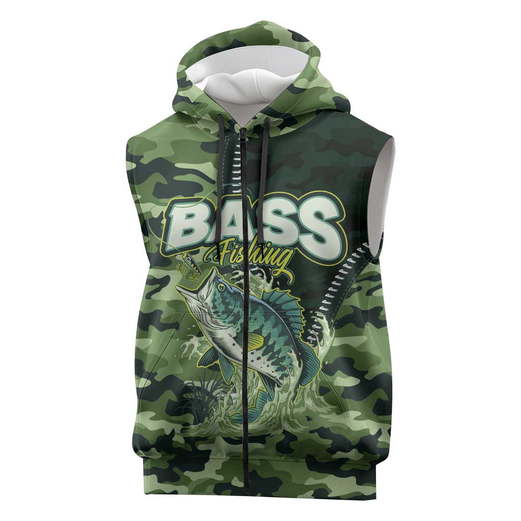 Personalized Bass Fishing Camouflage Sleeveless Zip Hoodie Zipper Stylized
