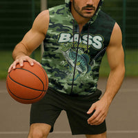 Personalized Bass Fishing Camouflage Sleeveless Zip Hoodie Zipper Stylized
