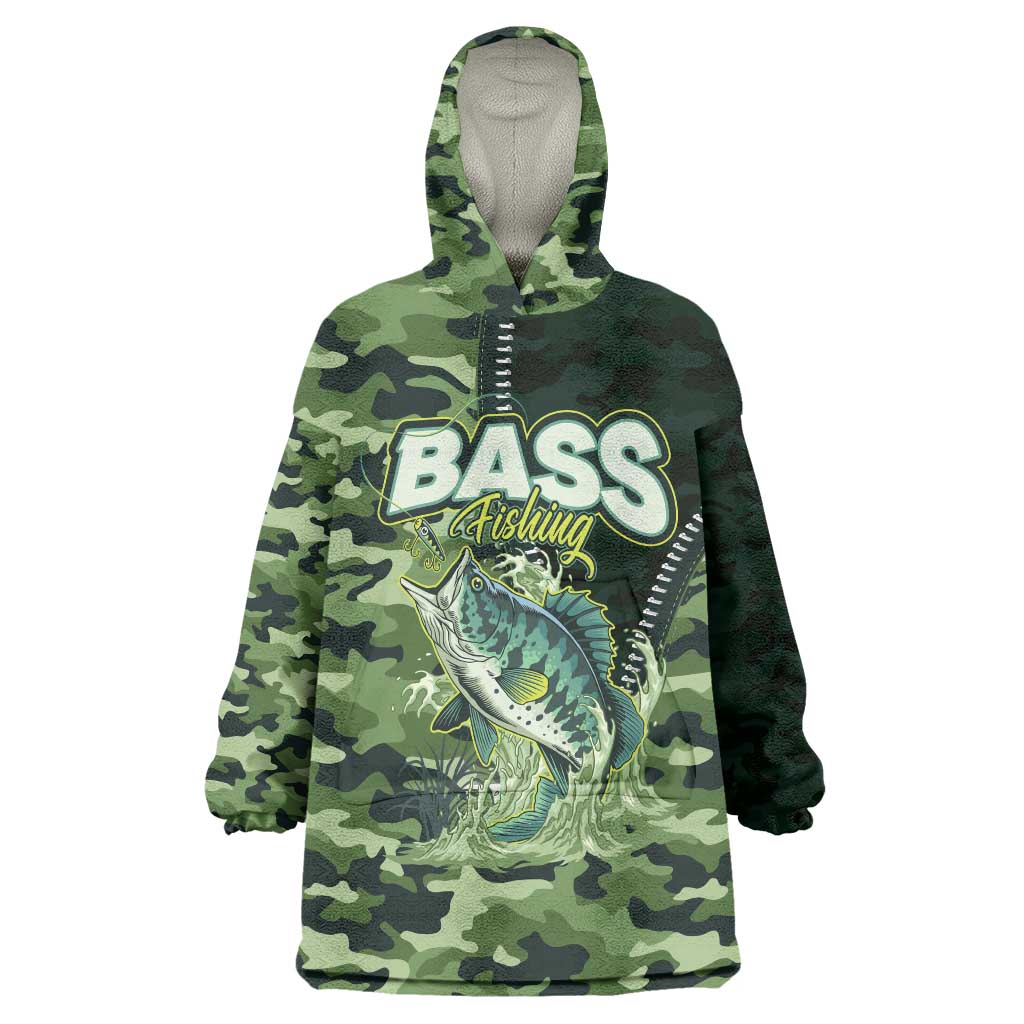 Personalized Bass Fishing Camouflage Wearable Blanket Hoodie Zipper Stylized
