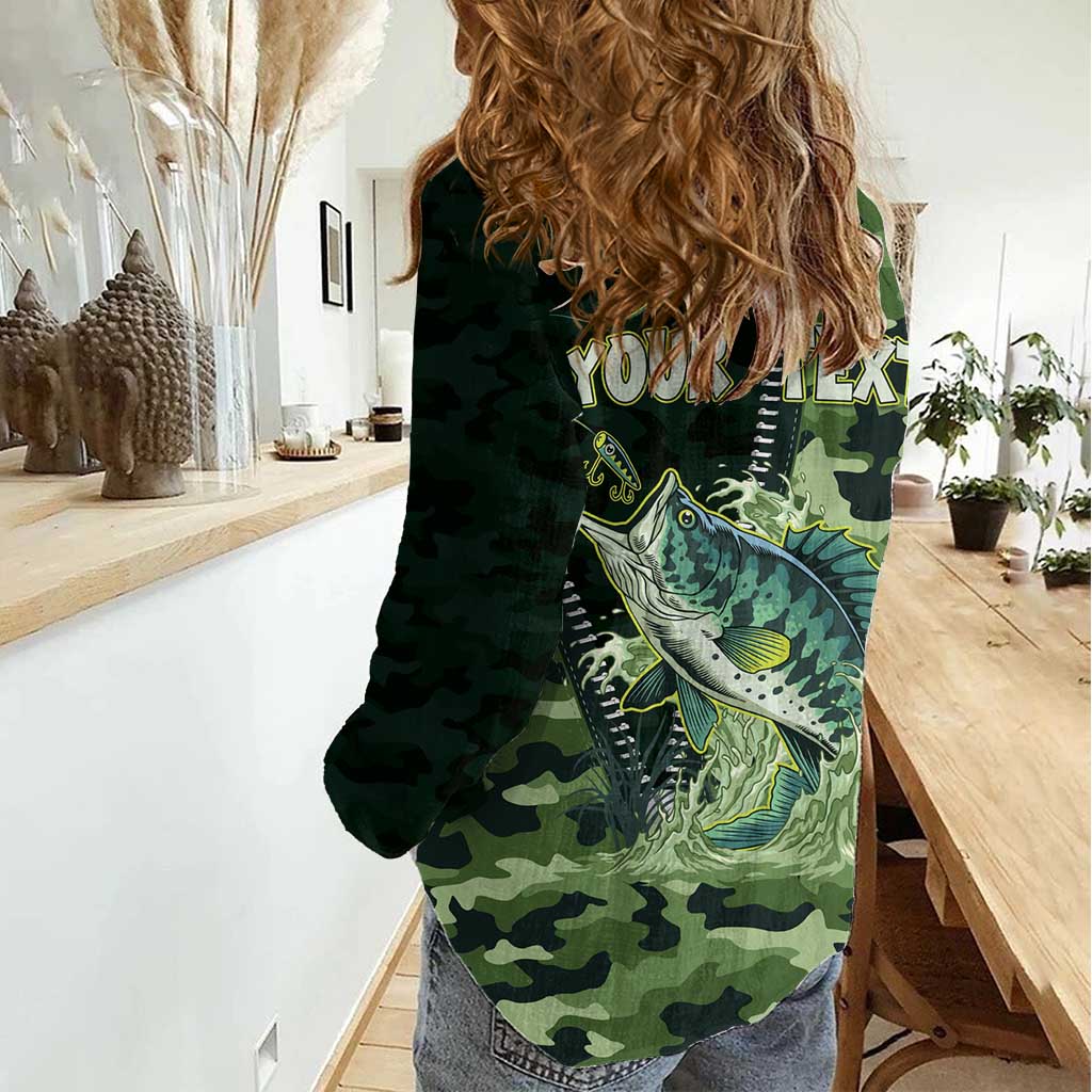 Personalized Bass Fishing Camouflage Women Casual Shirt Zipper Stylized