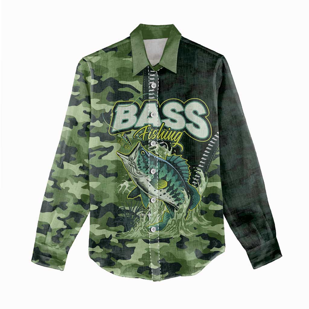 Personalized Bass Fishing Camouflage Women Casual Shirt Zipper Stylized