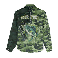 Personalized Bass Fishing Camouflage Women Casual Shirt Zipper Stylized