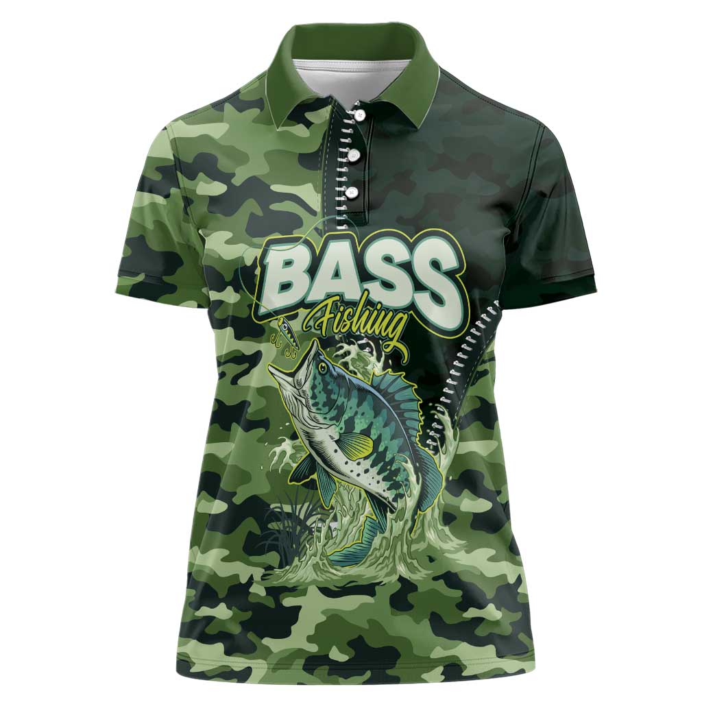 Personalized Bass Fishing Camouflage Women Polo Shirt Zipper Stylized