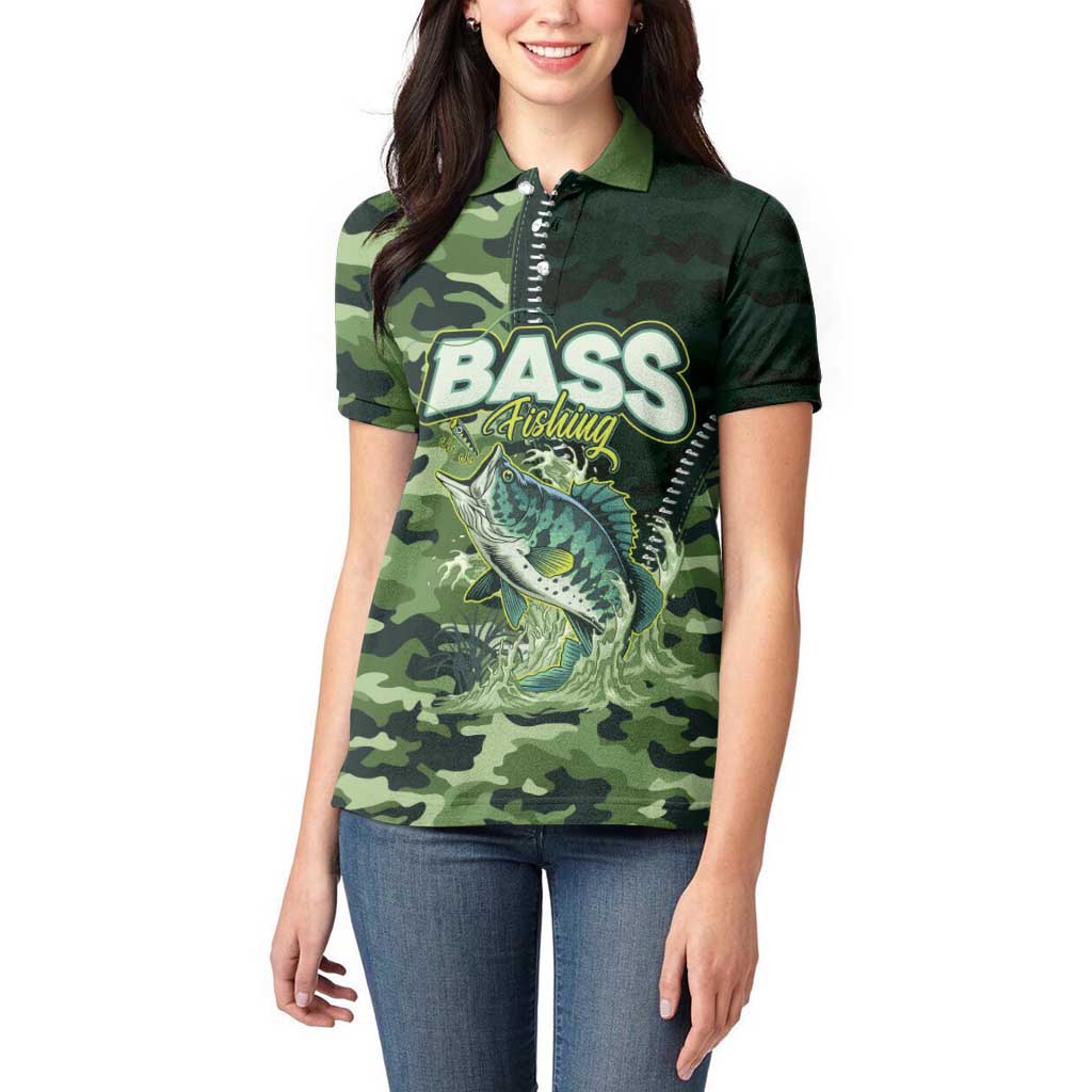 Personalized Bass Fishing Camouflage Women Polo Shirt Zipper Stylized