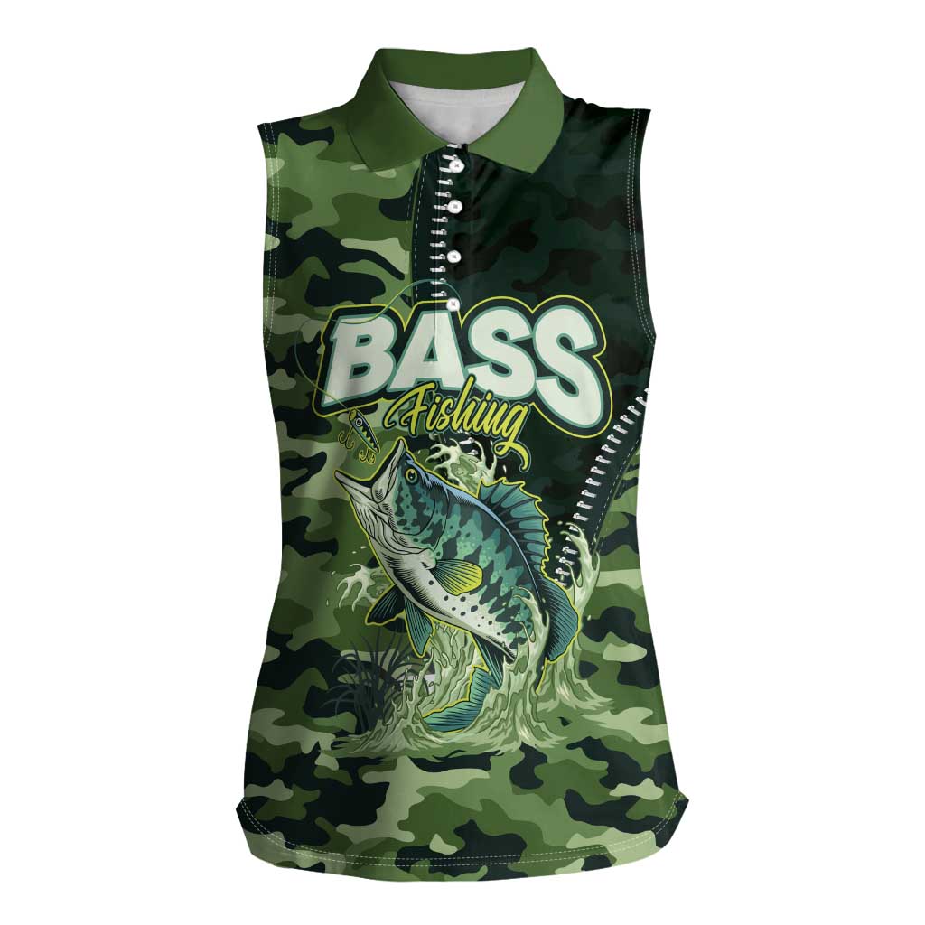 Personalized Bass Fishing Camouflage Women Sleeveless Polo Shirt Zipper Stylized