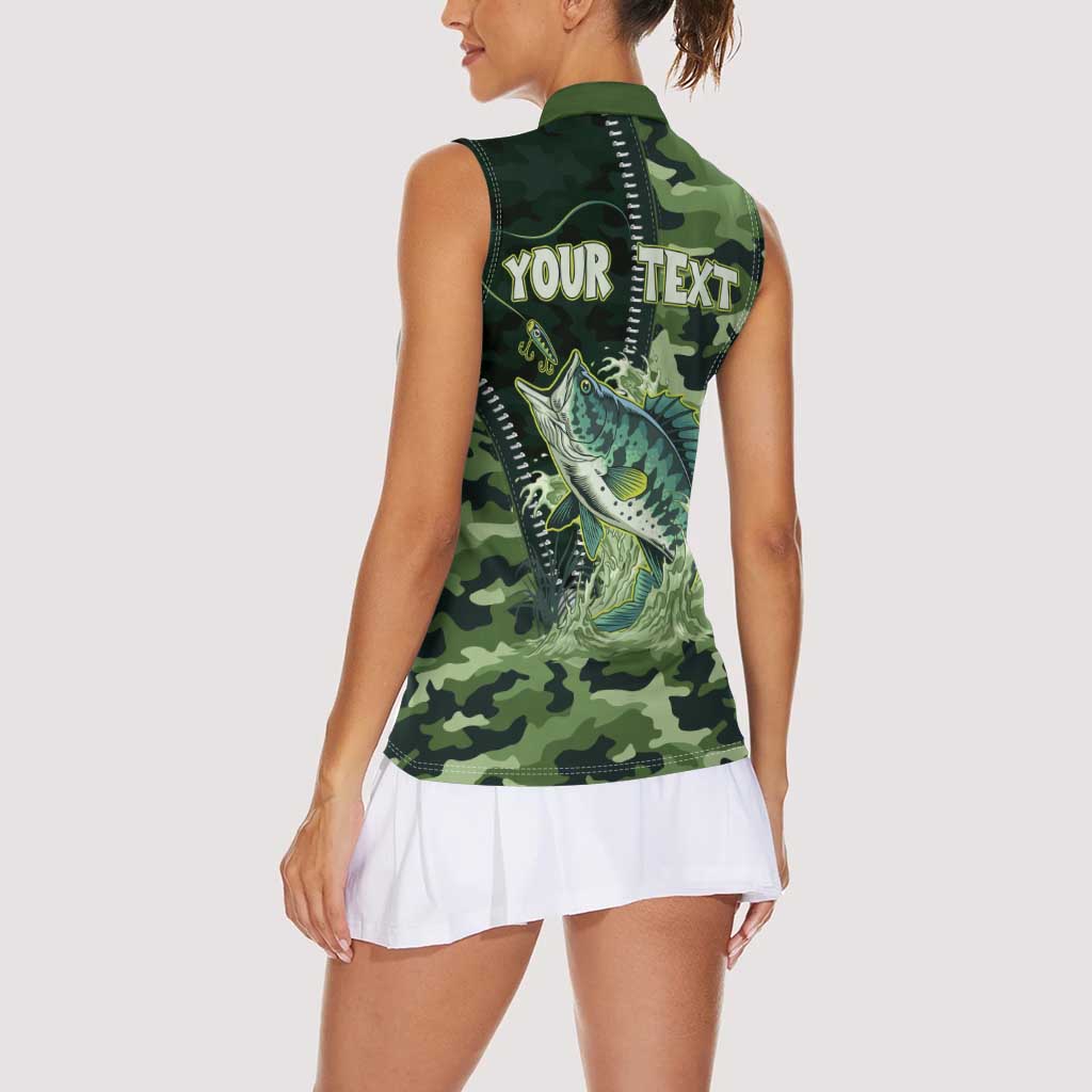 Personalized Bass Fishing Camouflage Women Sleeveless Polo Shirt Zipper Stylized