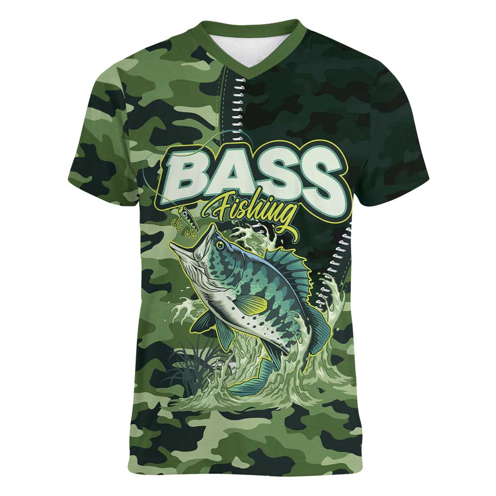 Personalized Bass Fishing Camouflage Women V-Neck T-Shirt Zipper Stylized