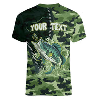 Personalized Bass Fishing Camouflage Women V-Neck T-Shirt Zipper Stylized