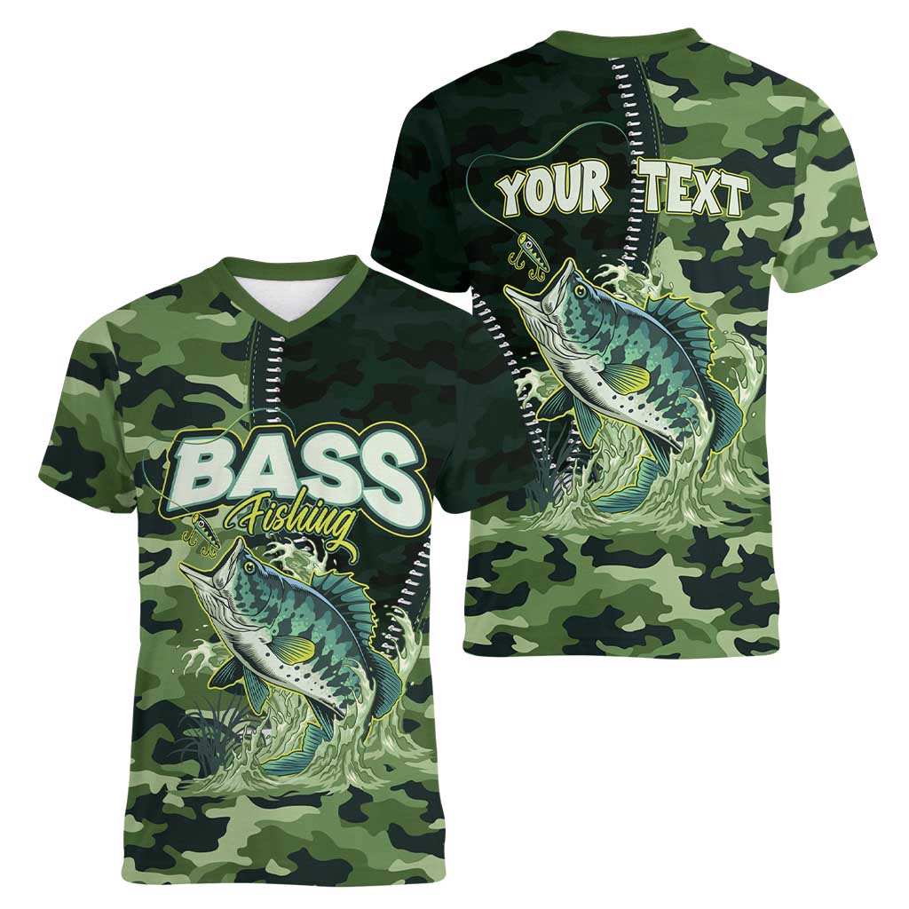 Personalized Bass Fishing Camouflage Women V-Neck T-Shirt Zipper Stylized