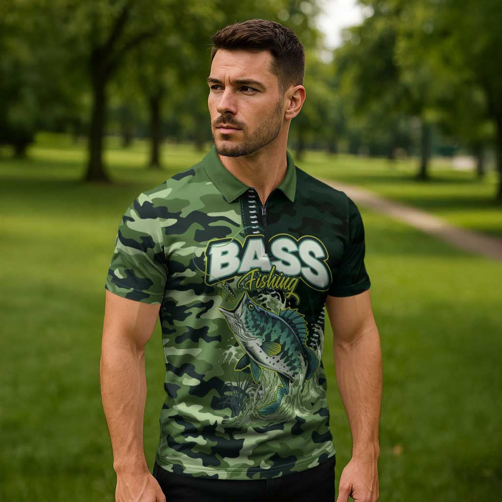 Personalized Bass Fishing Camouflage Zipper Polo Shirt Zipper Stylized